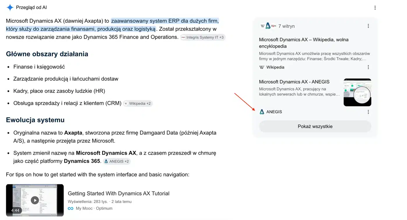 Anegis: ekspercka widoczność partnera Microsoft Dynamics 365 w Google, Bing i odpowiedziach AI Zrzut ekranu odpowiedzi Google AI Overviews dla frazy „ms dynamics axapta