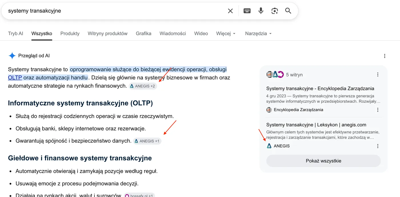 Anegis: ekspercka widoczność partnera Microsoft Dynamics 365 w Google, Bing i odpowiedziach AI Zrzut ekranu odpowiedzi Google AI Overviews dla frazy „systemy transakcyjne
