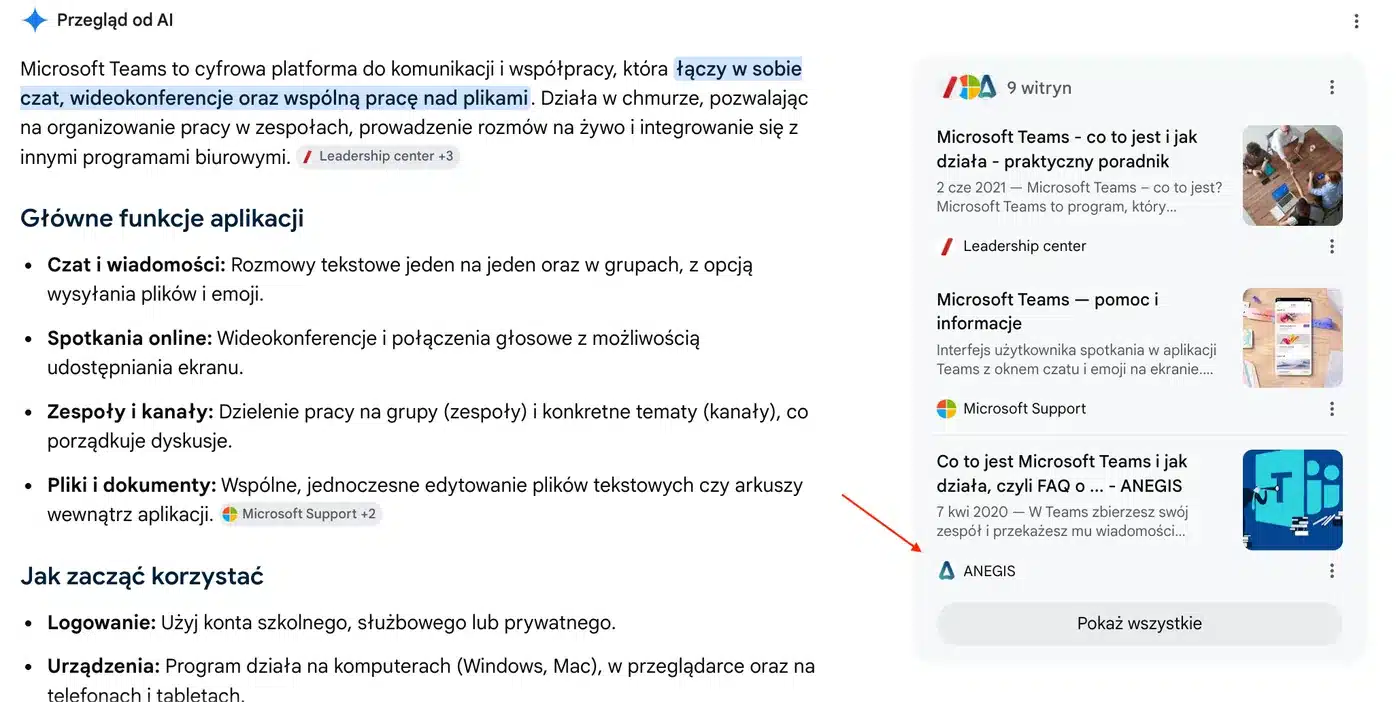 Anegis: ekspercka widoczność partnera Microsoft Dynamics 365 w Google, Bing i odpowiedziach AI Zrzut ekranu odpowiedzi Google AI Overviews dla frazy „jak działa aplikacja teams